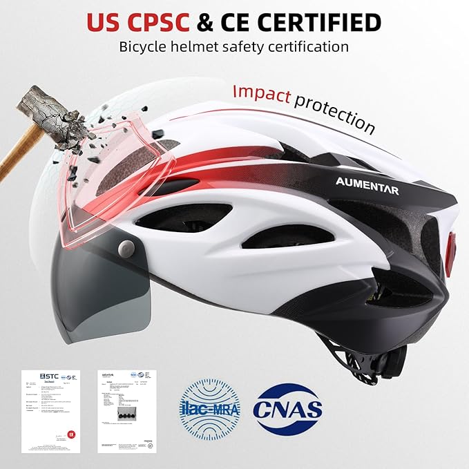 Adult Bike Helmet, Bicycle Helmet with Rear LED Light & Detachable Magnetic Goggles, CPSC/CE Certified Cycling Helmet Adjustable for Men Women Mountain & Road
