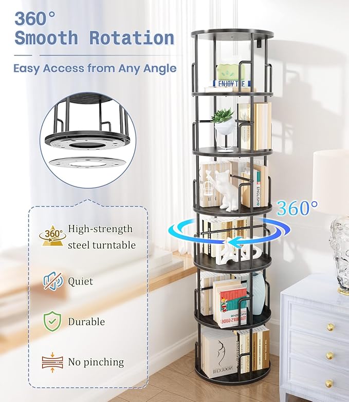 6 Tier Rotating Bookshelf Tower Round Black,74”Tall Spinning Bookshelf Tower Anti-Tipping Design,Metal & Wood Standing Revolving Bookcase Stackable Space Saving for Small Spaces,Study,Living Room
