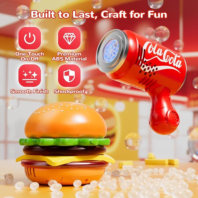 Burger & Cola Bubble Machine Combo W/Bubble Gun, 10 Bubble Solution Packs, Kids Automatic Bubble Blower Toy W/Music & Light, Handheld & Tabletop Bubble Maker, Gift for Birthday, Party Outdoor Fun