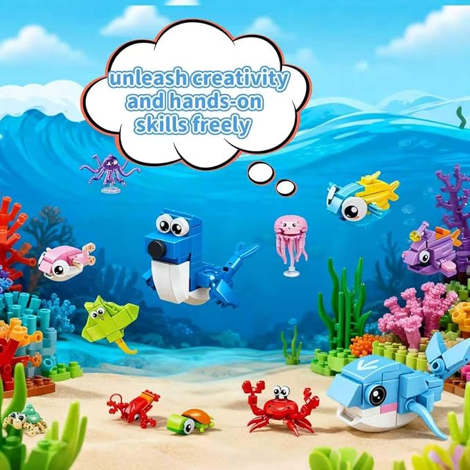 Marine Animal Building Blocks Set, 12-in-1 Ocean Creatures Shark Toy, Creative Party Favors for Kids, Classroom Prizes, Birthday Gifts for Boys & Girls (12 Pack)