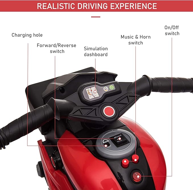Aosom 6V Kids Motorcycle Toddler Ride-on Toy, High-Traction Battery-Operated Mini Electric Motorbike with Forward/Reverse Switch, Music, Headlights, Horn, Red