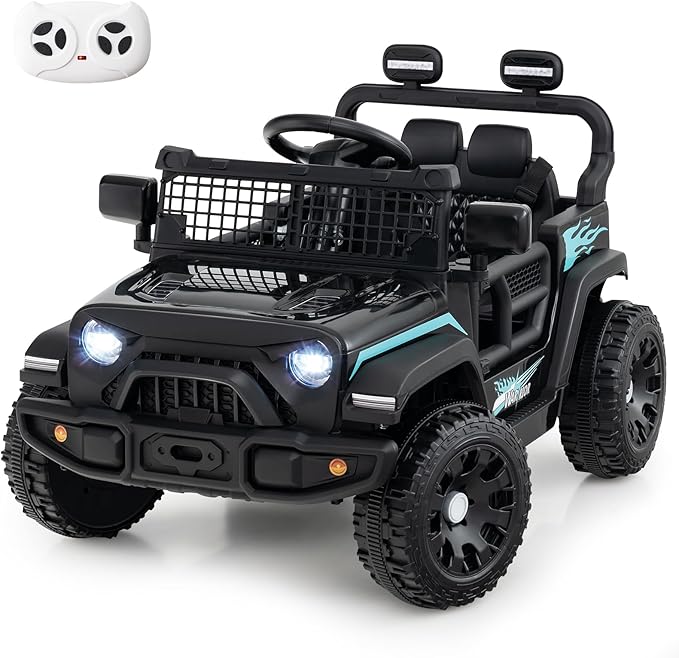 Costzon Kids Ride on Car Truck, 12V Electric Vehicle w/Foldable Mirrors, 3 Speeds, LED Lights, Music & Horn, Ride on Toys Remote Control Car for Toddlers, Boys & Girls (Black,34" × 23" × 21")