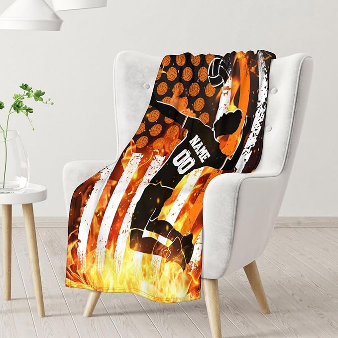 Personalized Volleyball Blankets for Boys Men, Cool Throw Blanket for Adults Volleyball Lovers Volleyball Players, Custom Name 60x80 Soft Throws for Couch Sofa, Volleyball Stuff