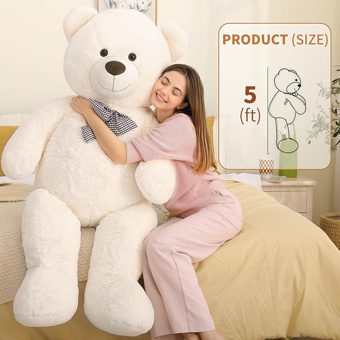 MaoGoLan Giant White Teddy Bear Stuffed Animal 5 Feet,Soft Cuddly Smiling Face Big Teddy Bear Plush Gift for Boyfriend Girlfriend