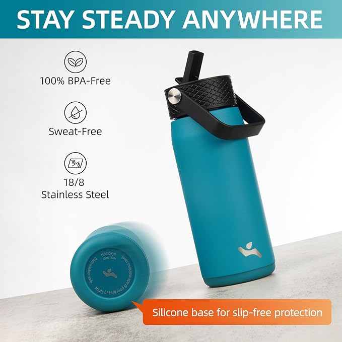 40oz Insulated Stainless Steel Water Bottle with Straw and 3 Lids, BPA-Free Sports Water Bottle,travel water bottle,Navy Blue