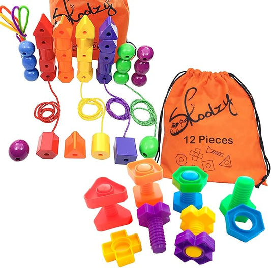 Skoolzy Rainbow Lacing Beads & Nuts and Bolts - 24 Piece Shape Sorter and 37 Piece Color Recognition Montessori Toy Sensory Bundle for 36+ Months Toddlers & Occupational Therapy Fine Motor Skills Game