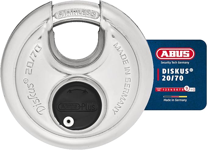 ABUS Diskus 20/70 Heavy Duty Stainless Steel Disk Padlock - Rustproof Lock with 3/8" Shackle - Made in Germany - Keyed Alike Code 323614