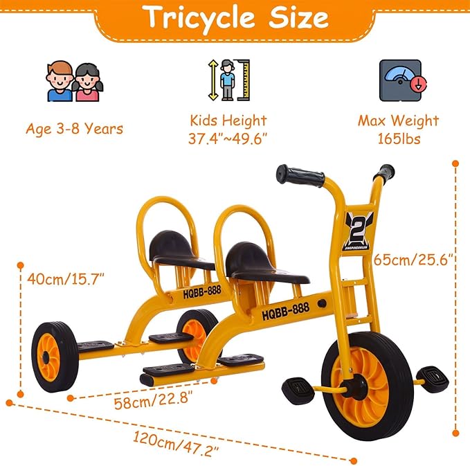 Kids Tricycle for Ages 3-8, Double Kids Trike Bike, Preschool Daycare Outdoor Tandem Bike with Airless Rubber Tires, Two-Seater and Non-Slip Pedals, Gift for Boys and Girls