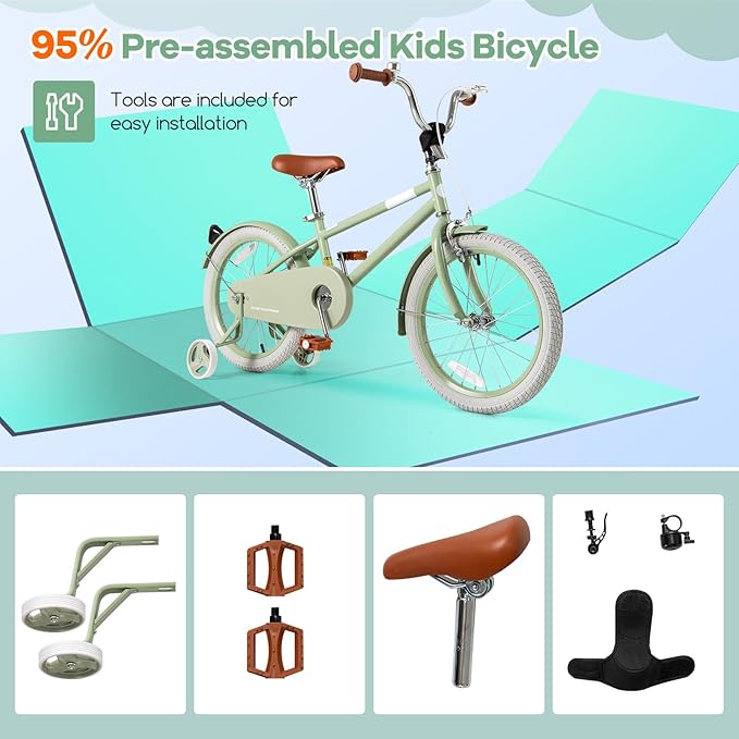 BABY JOY Colorful Macarons Kids Bike, 12 14 16 18 Inch Sporty Children's Bicycle with Training Wheels, Adjustable Handlebar & Saddle, Handbrake & Coaster Brake, Boys Girls Bike for 3-8 Years Old