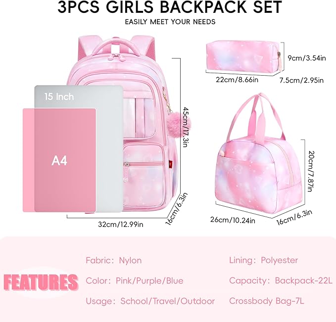 Tanou Backpack with Lunch Box for Girls, Kawaii Set School Bag for Kid Elementary Middle School, Aesthetic Laptop Bookbag Lightweight, Pink
