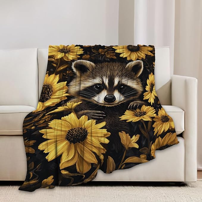 Raccoon Blanket Cute Raccoon Lover Floral Animal Throw Blankets Gifts for Girls Boys Kids Soft Cozy Fleece Plush for Couch Sofa Bed 60"x50"