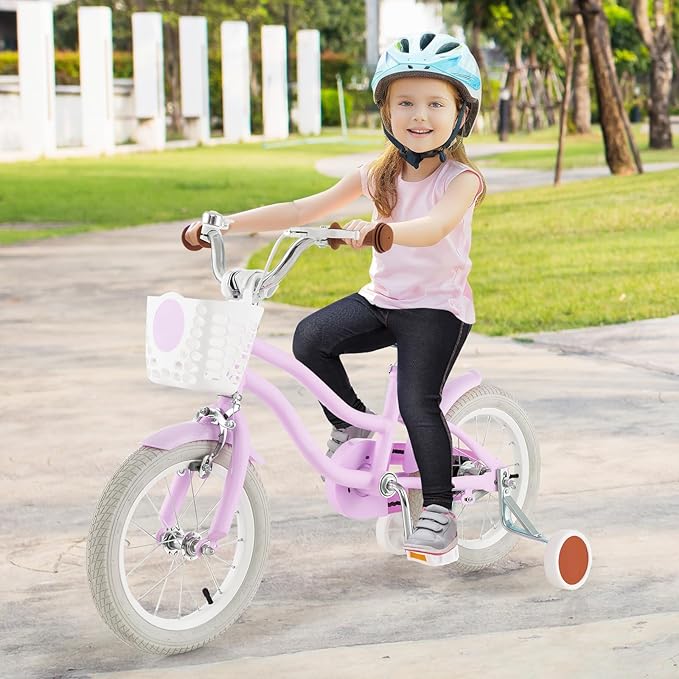 COSTWAY Kids Bike, 12 14 16 18 Inch Toddler Bike Children Bicycle w/Training Wheels, Hand & Coaster Brakes, Adjustable Saddle & Handlebar, Basket, Bell, Kids Bicycle for Girls Boys Aged 3-8 Years Old