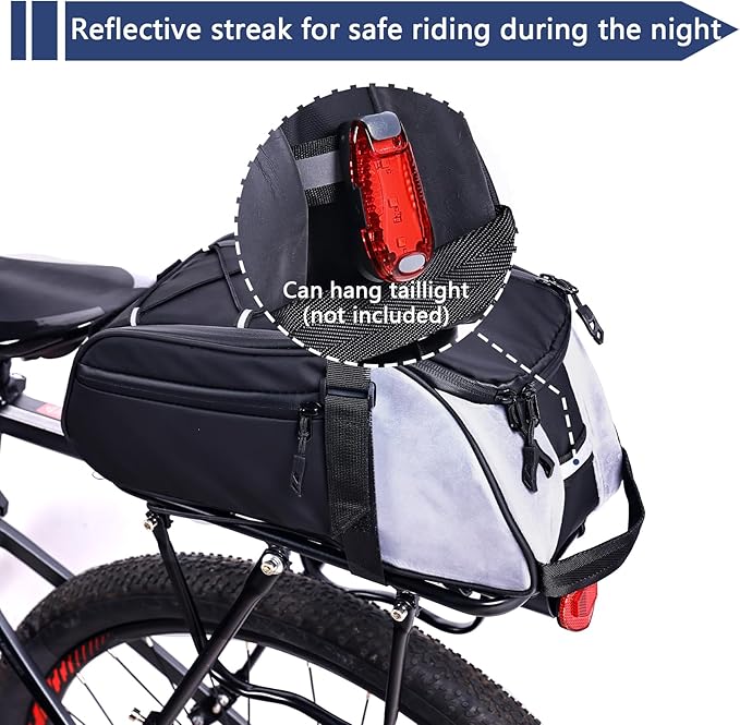 ZIMFANQI Bike Rear Bag Reflective,Water Resistant Bicycle Pannier Rack Bag Cargo Trunk Storage Cycling Carrier Chest Bag,8L Capacity with Multi Pocket Taillight Loop,Shoulder Strap for Outdoor
