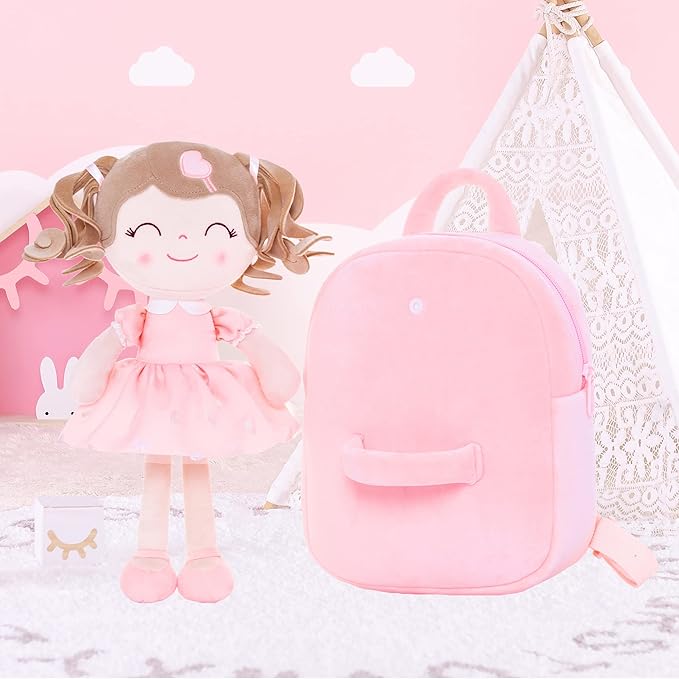 Gloveleya Toddler Backpack Baby Girl Gifts Plush Bag Diaper Bag with Spring Girls Doll Curly Hair Girl Toys with Love Pink