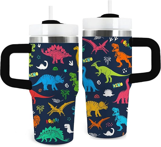 Dinosaur Tumbler Gifts, 14oz Dinosaur Themed Tumbler with Handle and Straw, Stainless Steel Double Wall Vacuum Insulated Cup Keep Hot Cold - 14oz Travel Mug with Lid Tumblers for Home Work Outdoor Use
