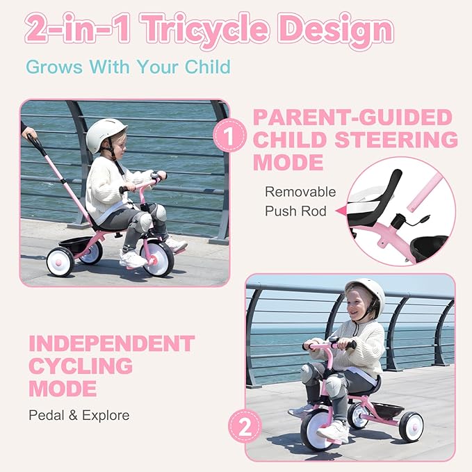 Liberry 2 in 1 Toddler Tricycle Age 2 3 4 Years Old, Kids Trike with Adjustable Push Handle, Bell & Basket, 3 Wheel Bike Riding Toy Birthday for Girls Boys, Light Pink