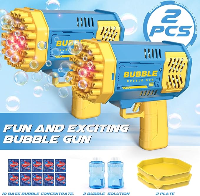 Dolanus Bubble Gun 2 Pack with 2 Bottles Bubble Solution, 40-Hole Light Up Dip Bubble Machine for Kids, Bubble Toy for 3 4 5 6 7 8 Years Old Boys Outdoor Indoor Kid Birthday Wedding Party(2*Blue)