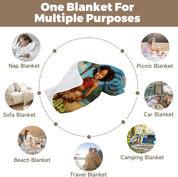 Personalized Adventure Baby Blanket, Kids Cartoon Beach Theme, Custom Photo Blanket with Name, Unique Gift for Baby Girl, Soft Fleece Throw Blanket