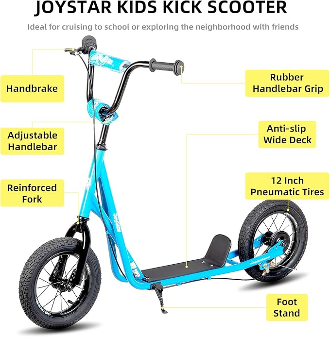 JOYSTAR Kick Scooter for Ages 5-9 Years Old Boys Girls, 12 Inch Big Wheels Scooters for Kids, Teens and Adults, Rear Brake and Adjustable Handlebar, Kids Scooter