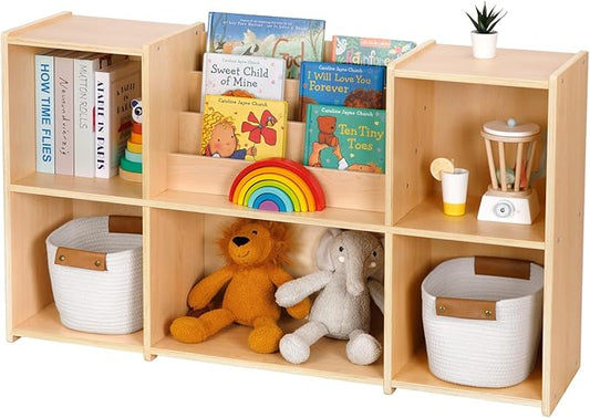 OOOK Montessori Bookshelf and Toy Storage Organizer, 2-Tier Horizontal Bookshelf, 5-Compartment Toy Storage Cabinet with Book Rack, Ideal Choice for Kids Classroom Organizer, Playroom and Daycare