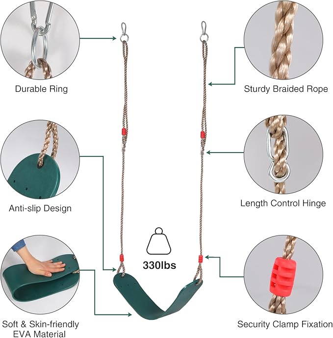RedSwing Kids Belt Swing Seat and Plastic Climbing Rope Swing for Outside Playground, Safe Playground Swing Set Replacement for Children's Indoor and Outdoor Play, 330 Pounds Capacity - Green