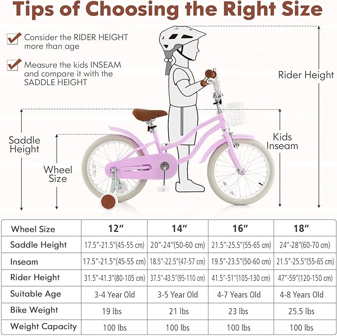 COSTWAY Kids Bike, 12 14 16 18 Inch Toddler Bike Children Bicycle w/Training Wheels, Hand & Coaster Brakes, Adjustable Saddle & Handlebar, Basket, Bell, Kids Bicycle for Girls Boys Aged 3-8 Years Old