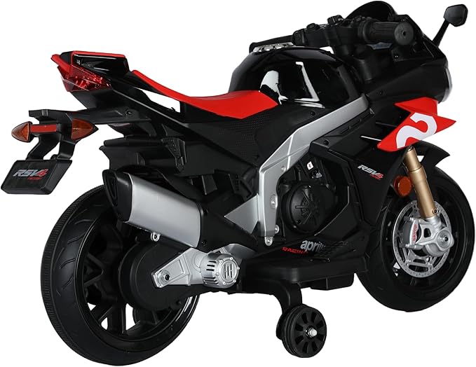 12V Kids Motorcycle, Electric Motorcycle for Kids with Long Battery Life, Top Speed to 3mph, Aprilia Licensed Ride On Motorcycle with EVA Wheels, Training Wheels, Large Seat-Black