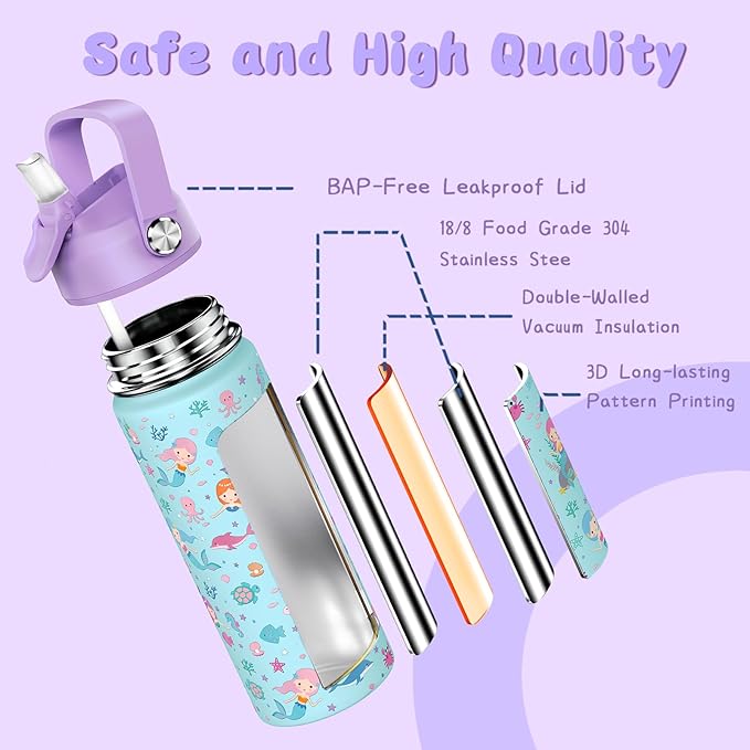 18oz Kids Insulated Water Bottle with Straw Lid - 18/8 Stainless Steel Kid Cup Travel Tumbler Double Wall Vacuum Leak Proof Portable Toddler Water Bottle (Butterfly+Mermaid）