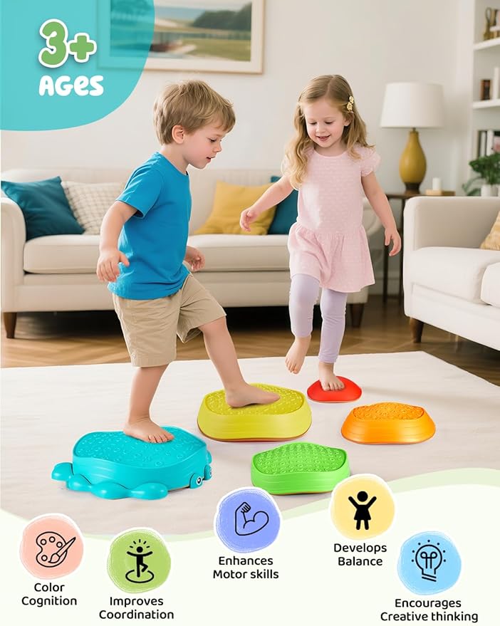 YOHOOLYO Stepping stone for kids, 5 Pack Non-Slip Child Balance Stones, Outdoor Indoor Play Toys, Rainbow Crab Design for Toddlers Kids 3-5 Gift