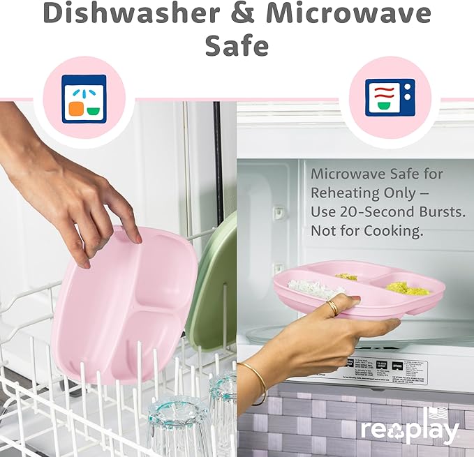 Re-Play Toddler Plates with Dividers & Silicone Lid - Deep-Walled 3 Compartments Divided Plates for Kids - Dishwasher/Microwave Safe - Made in USA - Set of 4-7.37" x 7.37" x 1.25" - Princess