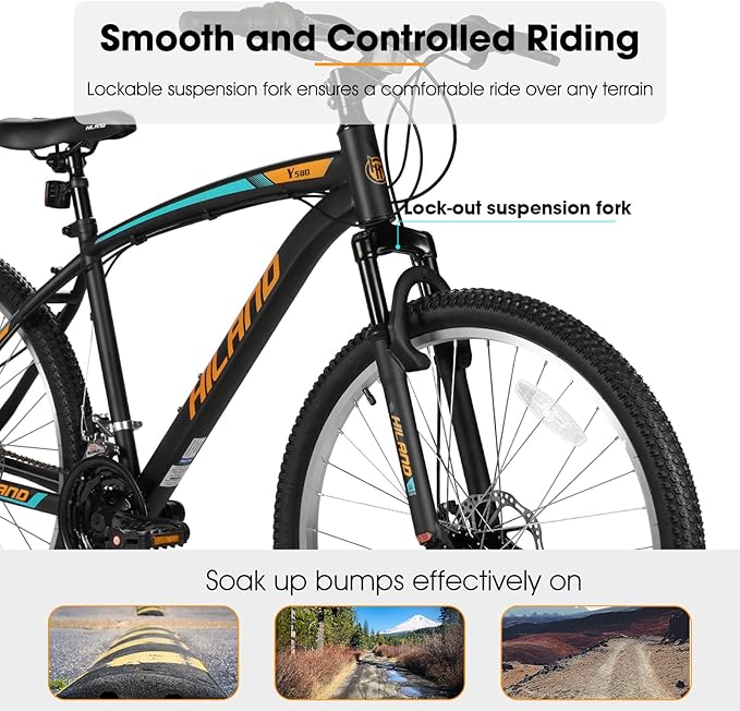 HILAND Mens and Womens Mountain Bike, 26 Inch 18 Speed Mountain Bicycle with Dual Disc Brake, Front Suspension Fork, High Carbon Steel Frame Urban Commuter Bike for Adults