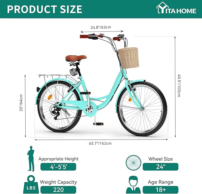 YITAHOME Beach Cruiser Bike for Women, 24 & 26 inch Commute Bike for Adults, 1 & 7 Speed Womens Bicycle with Basket Adjustable Seat, Multiple Color