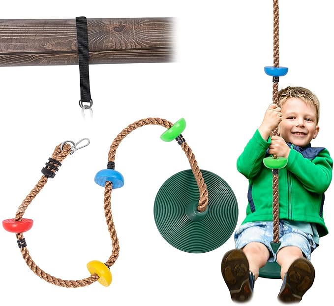 Sunnyglade 6.5 ft Kids Climbing Rope Tree Swing Seat Set with Platforms & Disc Outdoor Swing Seat Including Hanging Strap & Locking Carabiner