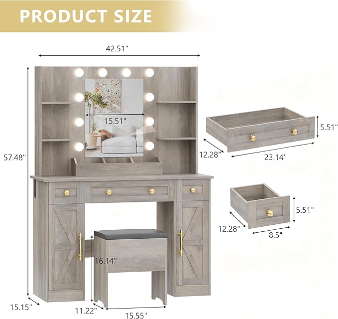 Vanity Makeup Desk with Mirror and Lights, Farmhouse Vanity Table Set with Storage Drawers, Charging Station & Chair, 43" Large Rustic Dressing Table, 3 Lighting Modes for Women Girls Bedroom, Grey