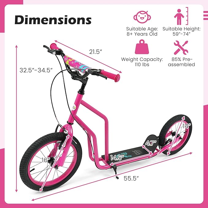 GYMAX Youth Scooter, Height Adjustable Kick Scooters with Extra Large Inflatable 16” Front & 14” Rear Wheels, Dual Hand Brakes & Kickstand, Heavy Duty Scooter for Teens Adults