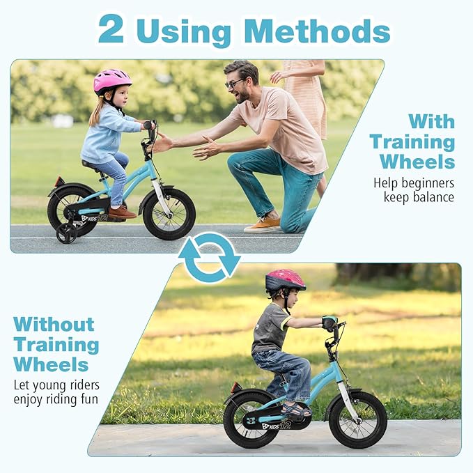 BABY JOY Kids Bike, 12 14 16 18 Inches Sporty Bicycle with Training Wheels, Adjustable Seat, Handbrake & Coaster Brake, Reflectors, Girls Boys Bike for 3-8 Years Old Children