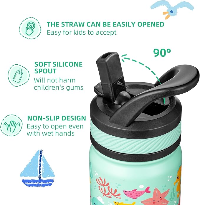 Fanhaw 14 Oz Kids Insulated Water Bottle with Straw - Stainless Steel Double Wall Vacuum Cup, Leakproof, BPA Free, Suitable for Boys and Girls(Green - Octopus)