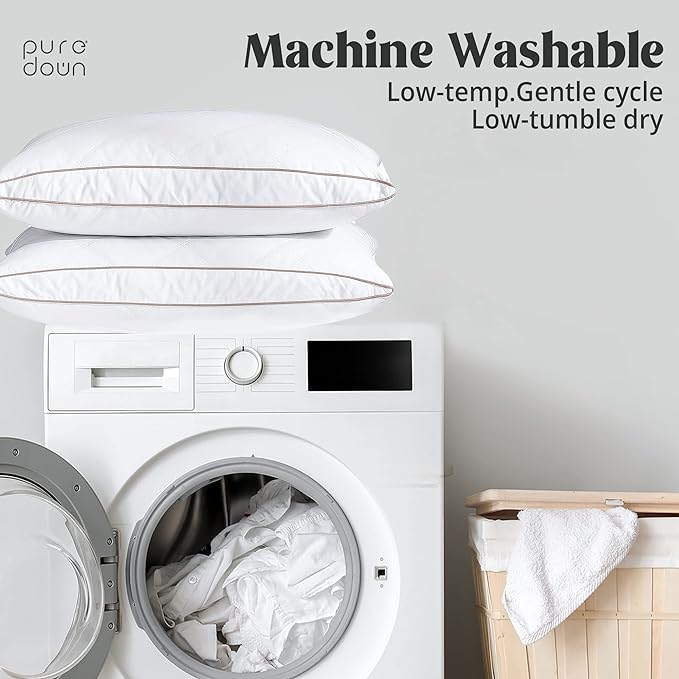 puredown® Natural Goose Down Feather Pillows for Sleeping Oval Gusseted Feather Down Pillow 100% Cotton Pillow Cover with Leaf Quilting King Set of 2