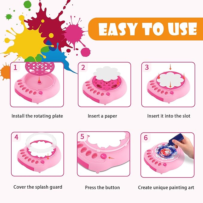Paint Spin Art Machine Kit for Kids, Arts & Crafts Painting Spinner Toys Kits Sets for Boys & Girls Ages 6 7 8 9 Year Old Pink