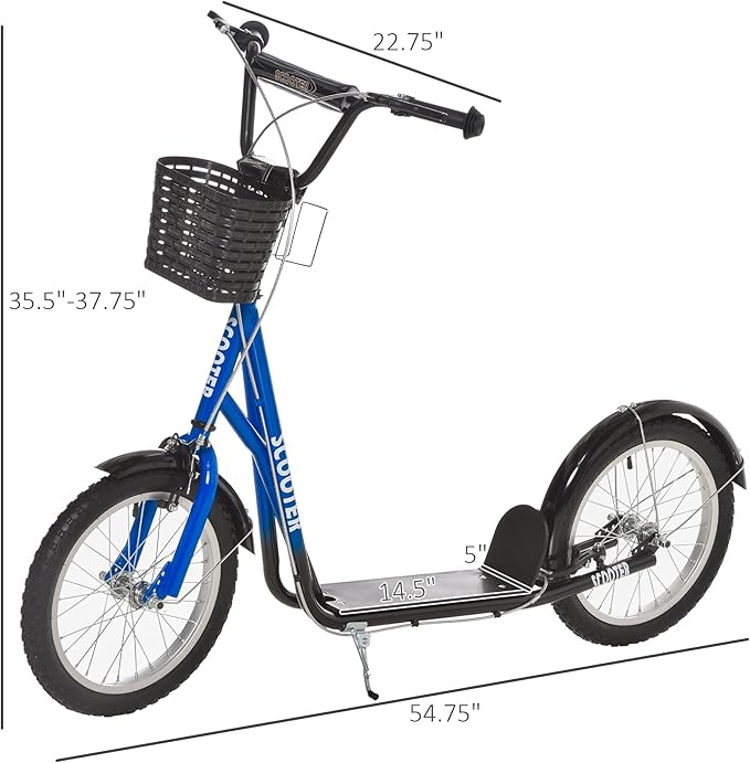Aosom Youth Scooter, Kick Scooter with Adjustable Handlebars, Double Brakes, 16" Inflatable Rubber Tires, Basket, Cupholder