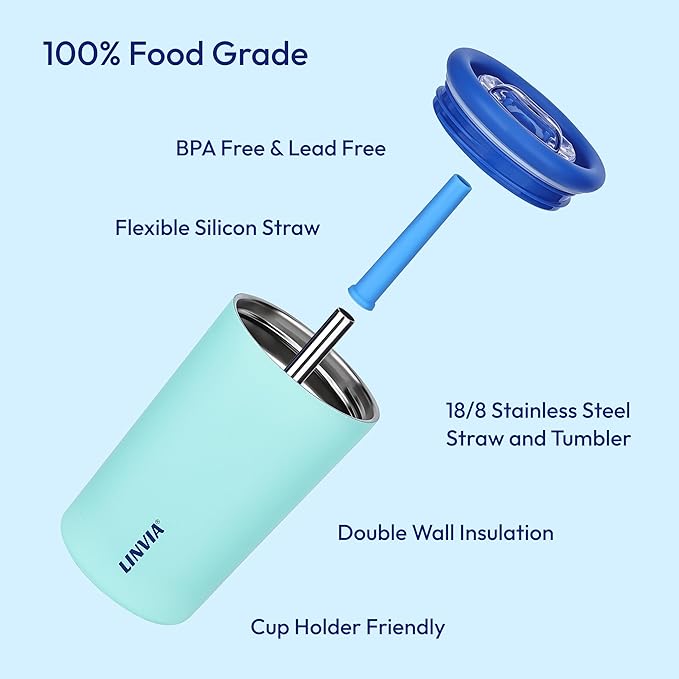 Candy Tumbler, 25 oz Kids Insulated Stainless Steel Water Bottle with Spill Resistant Silicone-Metal Straw and 2-in-1 Lid, BPA-Free, Cup Holder Friendly, Dishwasher Safe, Ocean Blue