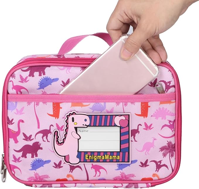 Pink Dinosaur Lunch Box Girl Lunch Bag with Name Tag Reusable 4-6hrs Insulated Square Portable Lunch Bag for Toddler Small Leakproof Cute Cooler Organizer Tote bag (Pink bag)