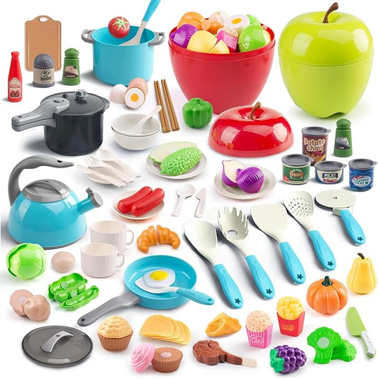 100Pcs Kitchen Playset, Kids Pretend Cooking Play Pots, Pans, Utensils, Cookware, Toy Food Fruits Veggies, with 2 Large Apple - Shaped Storage, Toddler Cooking Learning Gift (Turquoise)