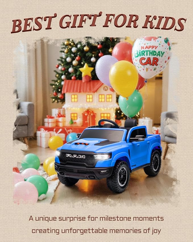First Ride On 12V Kids Electric Vehicles, Licensed Ram 1500 RHO Kids Ride on Truck with Remote Control, Ride on Car for Children with Smooth Start, Truck Bed Storage, Bluetooth, Aux Port (Blue)
