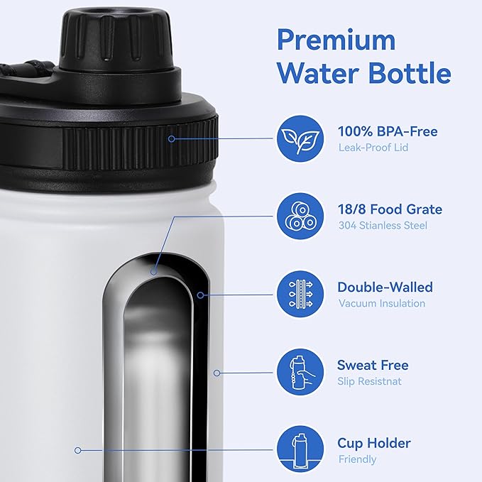 DOMICARE 16 oz Kids Water Bottle for School Stainless Steel Double Wall Vacuum Insulated Water Bottle with Straw lids & Spout Lid, Leakproof BPA Free (White,8)