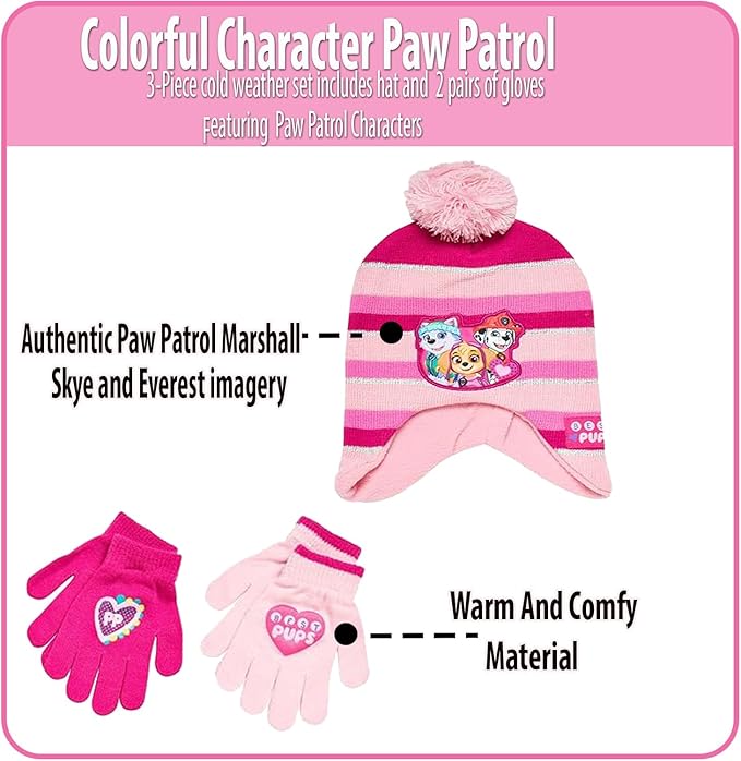 Nickelodeon Paw Patrol Girls Winter Hat and 2 Pair Mittens or Gloves (Age 2-7), Size Age 4-7, Paw Patrol Light/Dark Pink Glove with Handwarmers