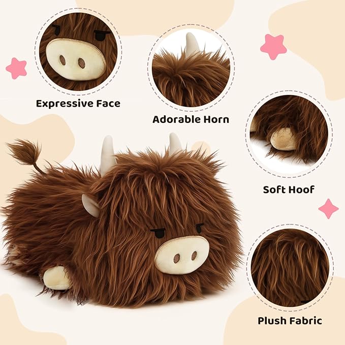 Puffpals Weighted Plush, Cute Highland Cow Weighted Stuffed Animal with Beads, Soft Sensory Plush Pillow Toy for Kids & Adults (13.4in, 1.7lbs)