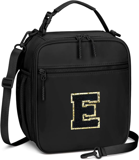 Initial Insulated Lunch Bag for Boys Kids, Back to School Gift, Reusable Leak-proof Lunch Box with Adjustable Strap for School Daycare Travel Picnic（Black，E）