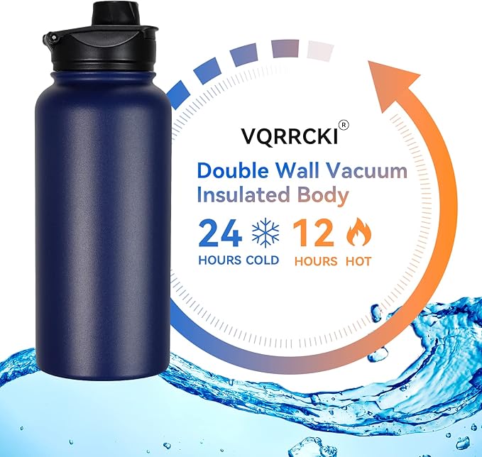 32 oz Insulated Water Bottle with Straw Lid & Wide Mouth Lids, Stainless Steel Sports Water Bottles, Double Walled Vacuum, Leak Proof, Blue