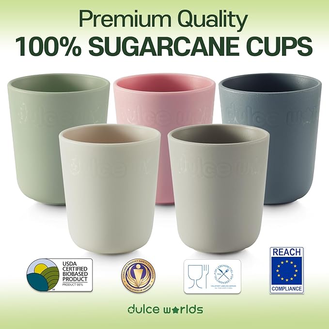 SUGARCANE Kids Cup 10 oz - 5 Pack, USDA & LFGB Certified Toddler Cup - BPA Free - Dishwasher Safe, Reusable, Unbreakable - Gray Pink